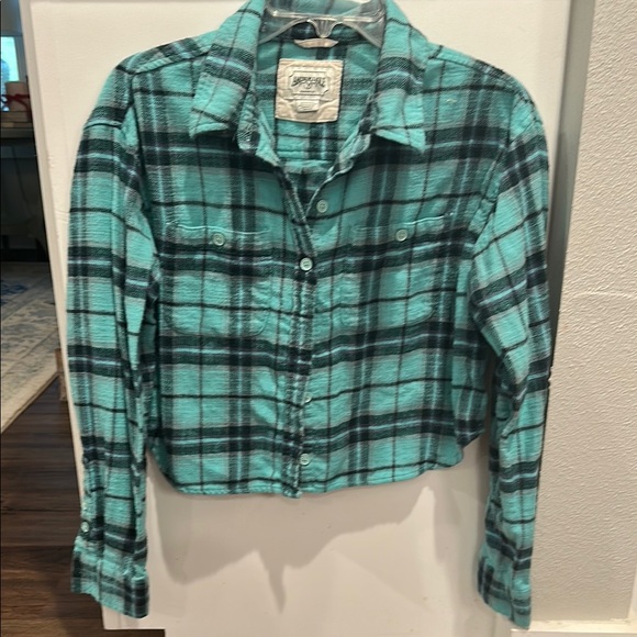 American Eagle Outfitters Tops - American Eagle Outfitters Blue and Black Plaid Flannel Jacket